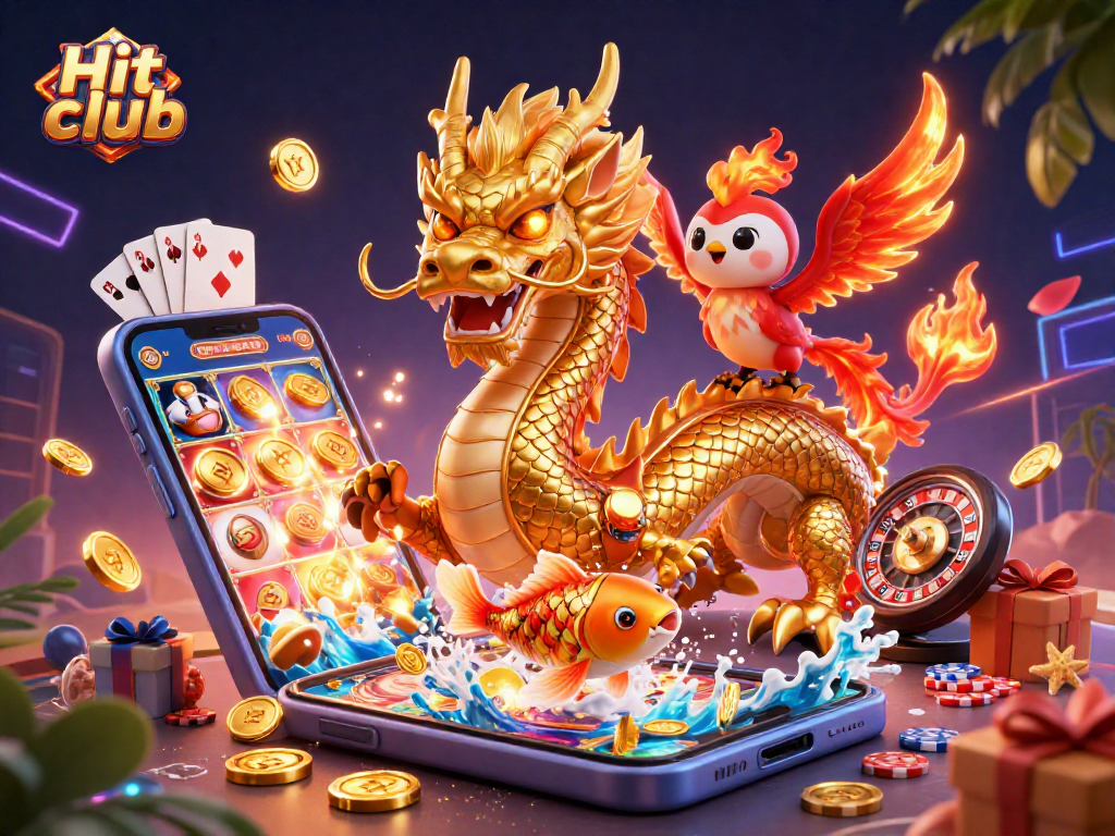 Win big at Hit club with an exciting scene of a dragon, phoenix, and koi fish amidst casino games.