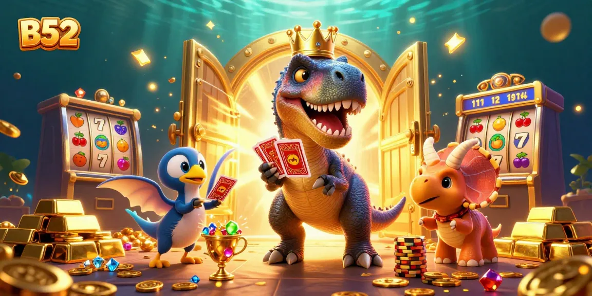 Engage in B52 casino fun as cartoon dinosaurs shuffle cards and stack chips.