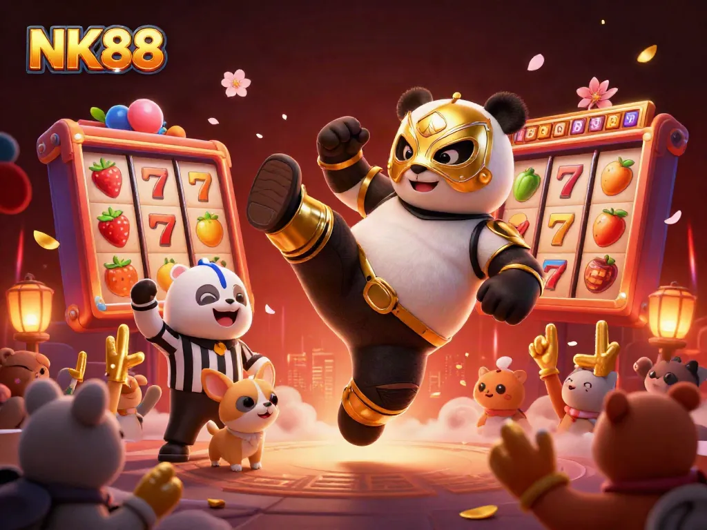 Experience the thrill of NK88 with a dynamic scene of playful action in an animated casino setting.