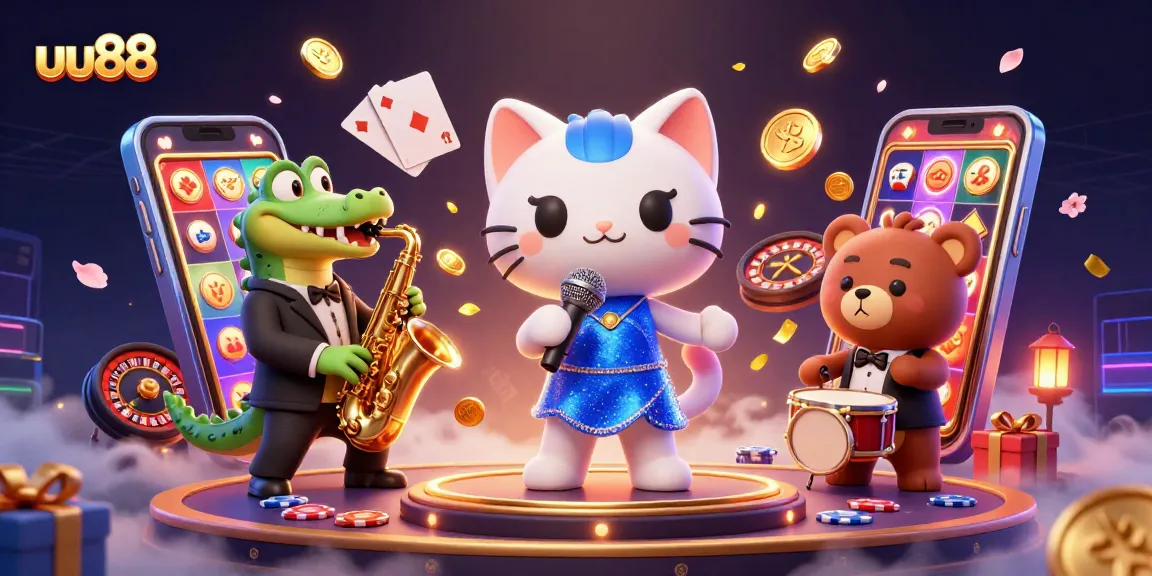 Experience the excitement of uu88 with a vibrant casino scene featuring lively characters and gaming elements.