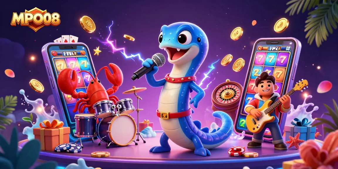 Catch the excitement at MPO08 with vibrant underwater casino scene featuring gambling elements and lively characters.
