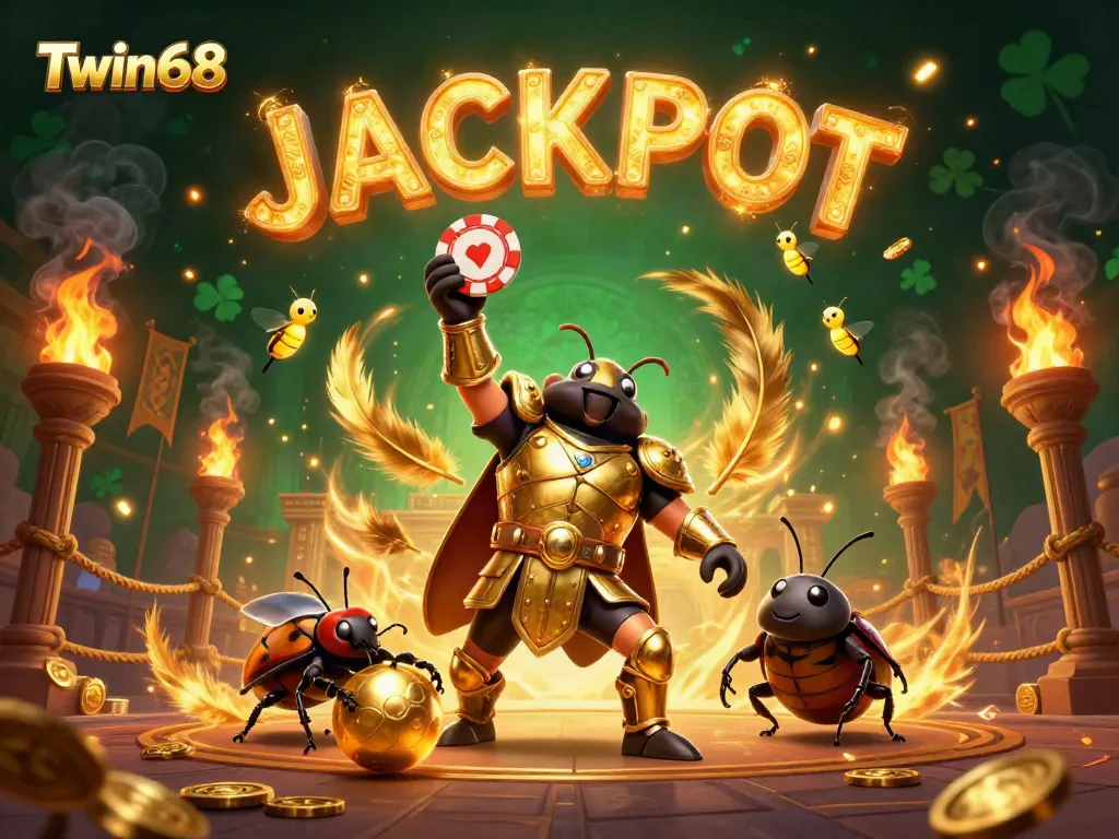 Experience Twin68's excitement with a victorious beetle character raising a poker chip triumphantly.