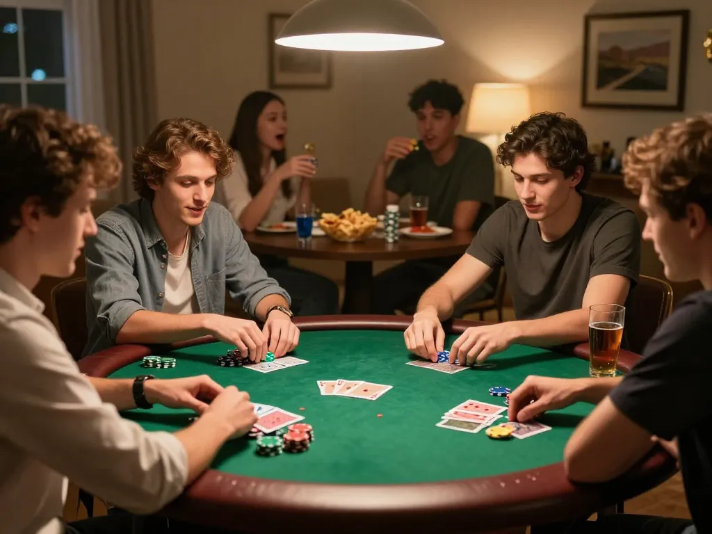 Friends enjoying a home poker night at the table with chips, showcasing the camaraderie and excitement of XX88 gameplay.
