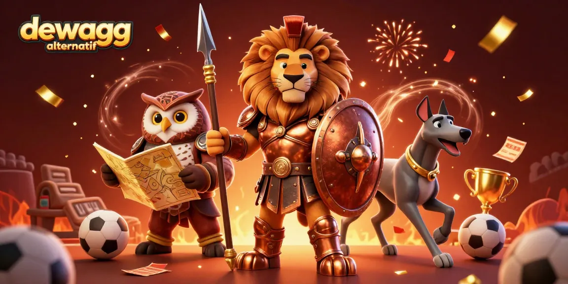 Engage in thrilling sports betting with dewagg alternatif, featuring a heroic Spartan lion, owl strategist, and swift greyhound amidst dynamic elements.