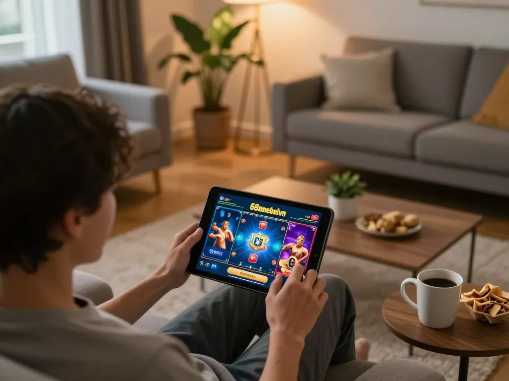 Player engaging with 68gamebaivn on tablet in a cozy home setup, emphasizing responsible online gambling.