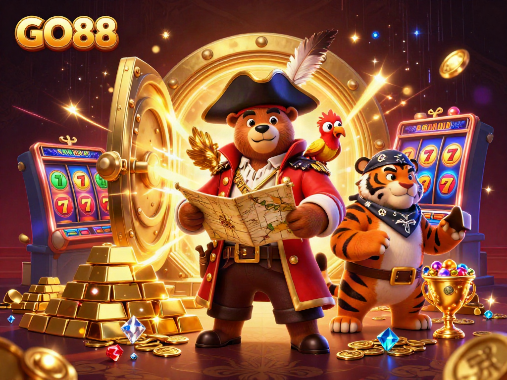 Join the excitement at GO88 with treasure-filled casino adventures featuring animated characters!