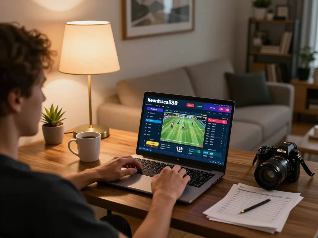 Person using keonhacaii88 for online sports betting in a cozy modern home