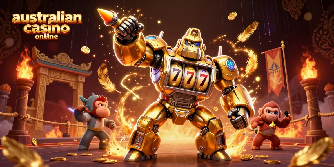 Experience dynamic gameplay at australian casino online with a 3D gorilla mech and slot machine elements.