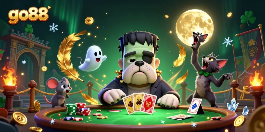 Experience go88's exhilarating gameplay with Frankenstein bulldog and ghost mouse amidst dynamic casino action.