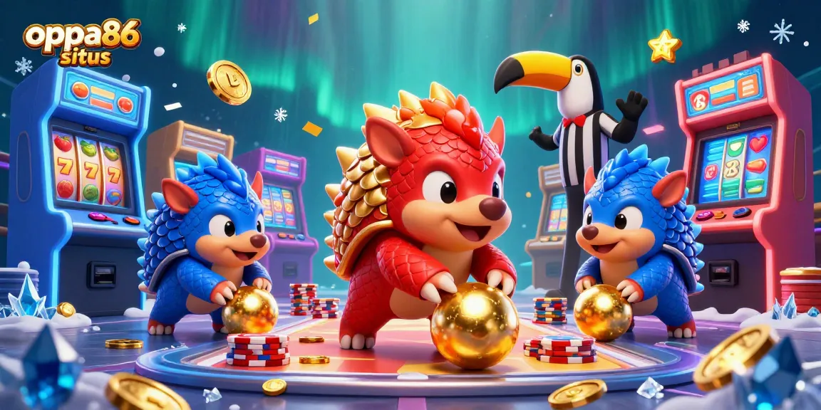 Engage with oppa86 situs in this dynamic casino-themed scene showcasing competitive pangolins and vibrant game elements.