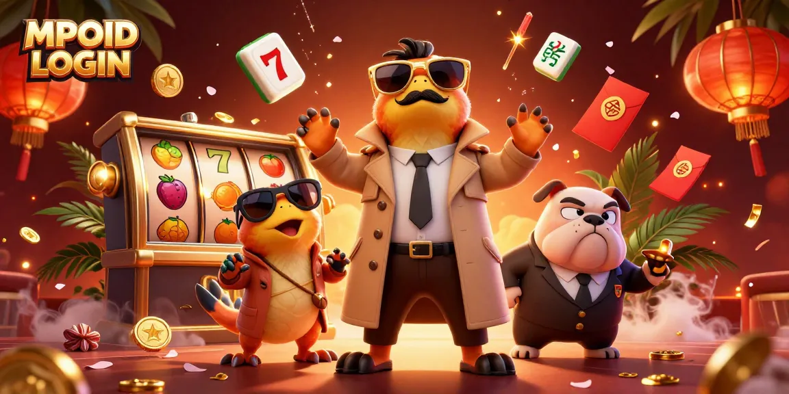 MPOID LOGIN showcases raptors in a trench coat entering a casino, surrounded by slot reels and festive decor