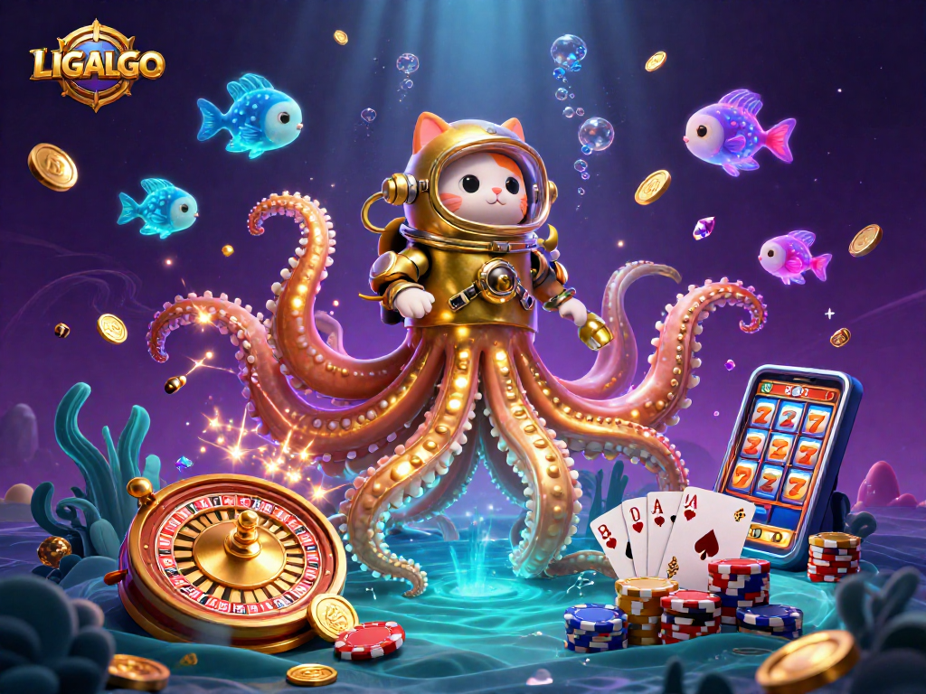LIGALGO showcases a colossal kraken and diving cat amidst dazzling casino treasures and glowing underwater elements.