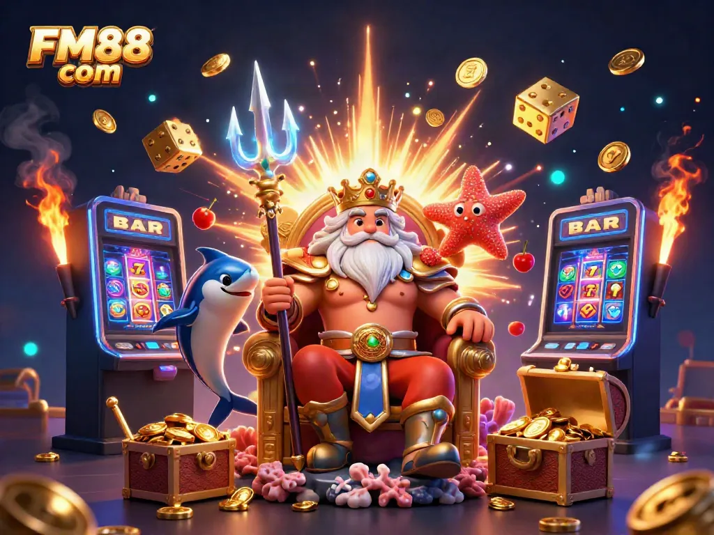 Experience thrilling jackpots and casino excitement with FM88 com's vibrant illustration featuring Neptune and exciting game elements.