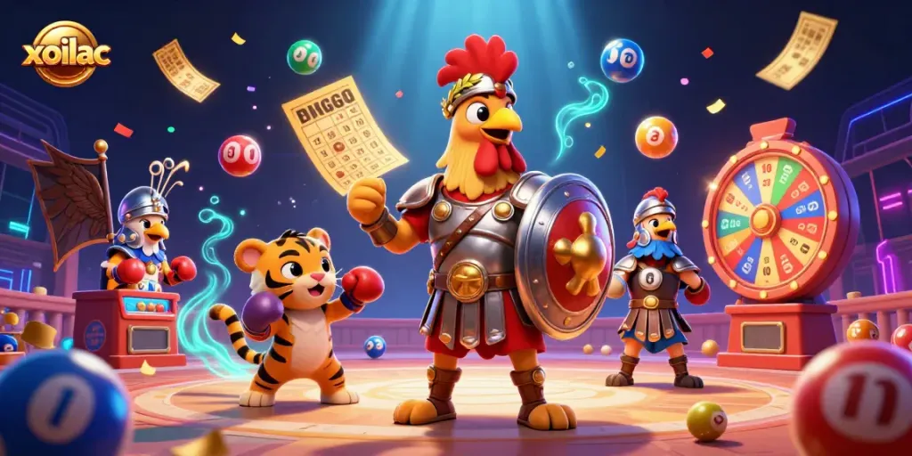 Xoilac showcases a vibrant gambling scene with a gladiator rooster and boxing cub amid lottery delights.