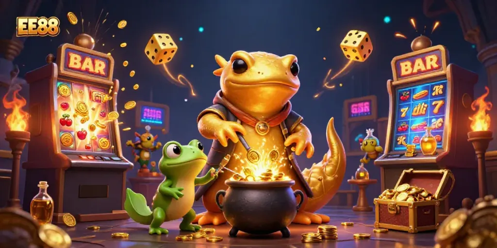 Engage in thrilling gameplay with EE88's rich casino scene featuring dynamic characters and exciting casino elements.