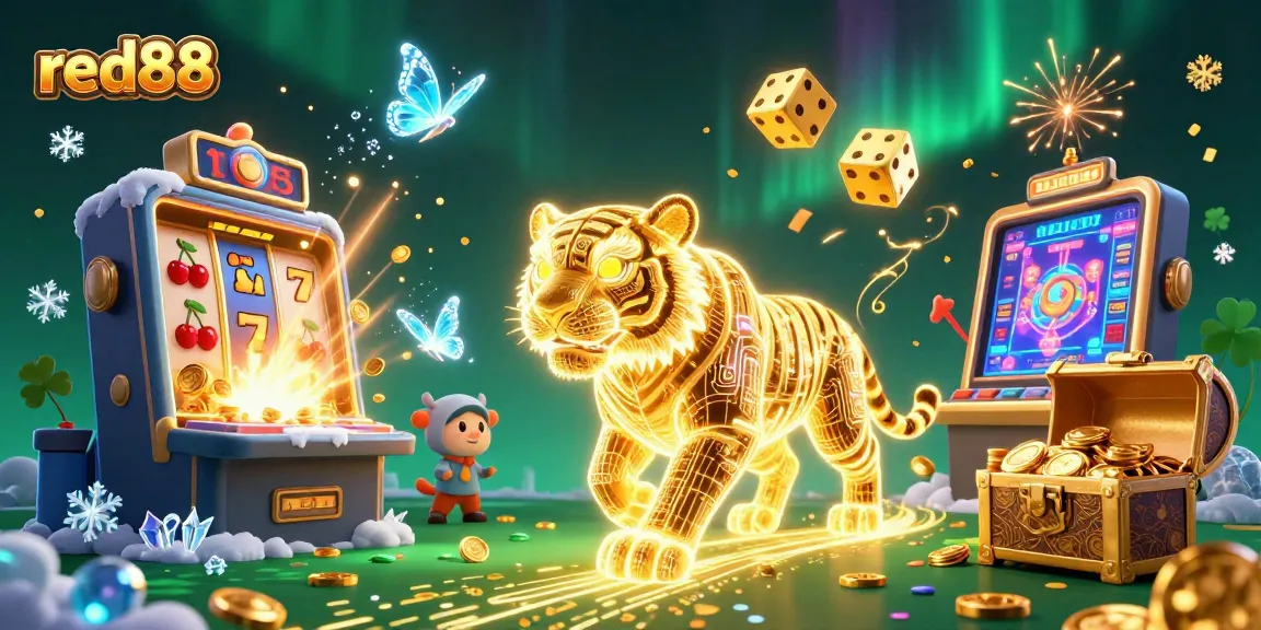 Experience the excitement at red88 with a vibrant slot machine and golden tiger in a dazzling casino.