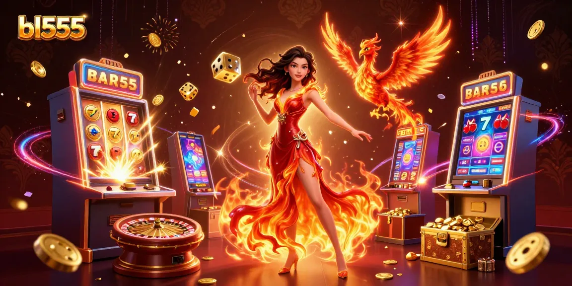 Experience the thrilling world of bl555 with an Asian woman in a fiery gown, surrounded by casino games and jackpots.