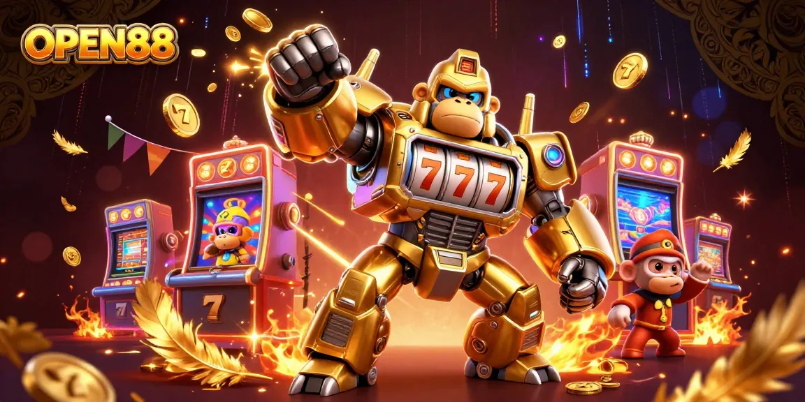 Engage in thrilling gaming action with OPEN88’s vibrant golden gorilla mech and dynamic visuals.