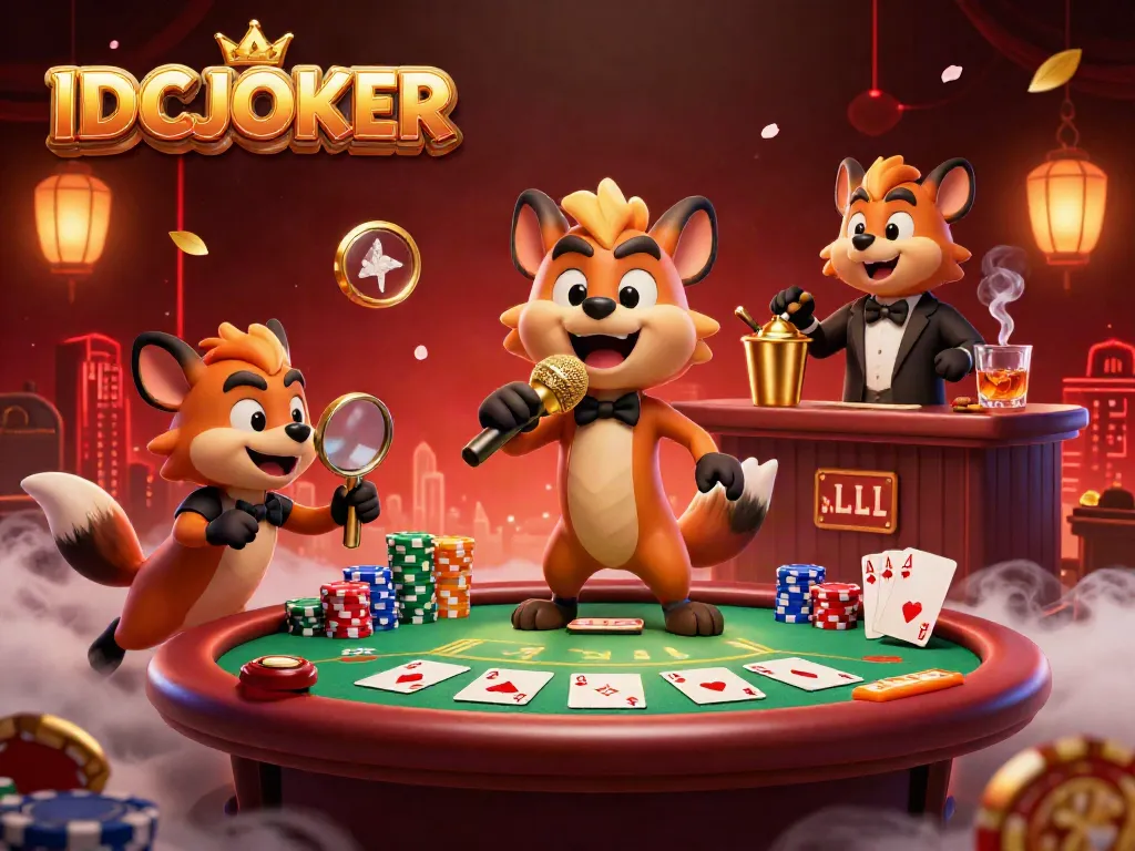IDCJOKER's lively casino club scene features hyenas as entertainers in a vibrant 3D illustration.