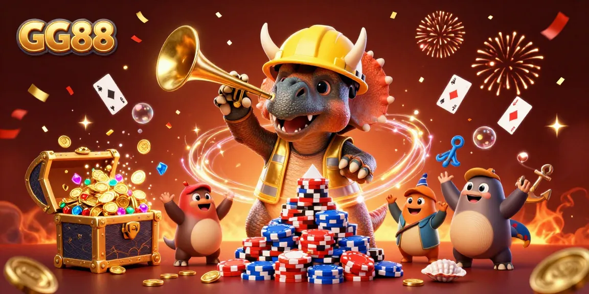 Experience the excitement of GG88 with cartoon dinosaurs celebrating a casino scene.