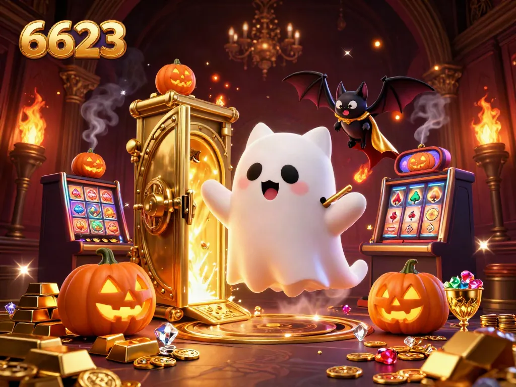 Engage with the lively ghost cat at 6623, surrounded by glimmering casino treasures and glowing slot machines.