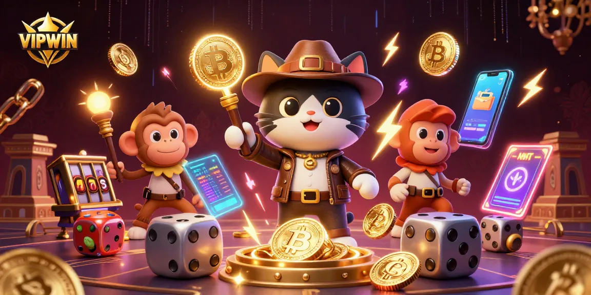VIPWIN cat explorer unlocks treasure in a vibrant casino scene filled with 3D elements.