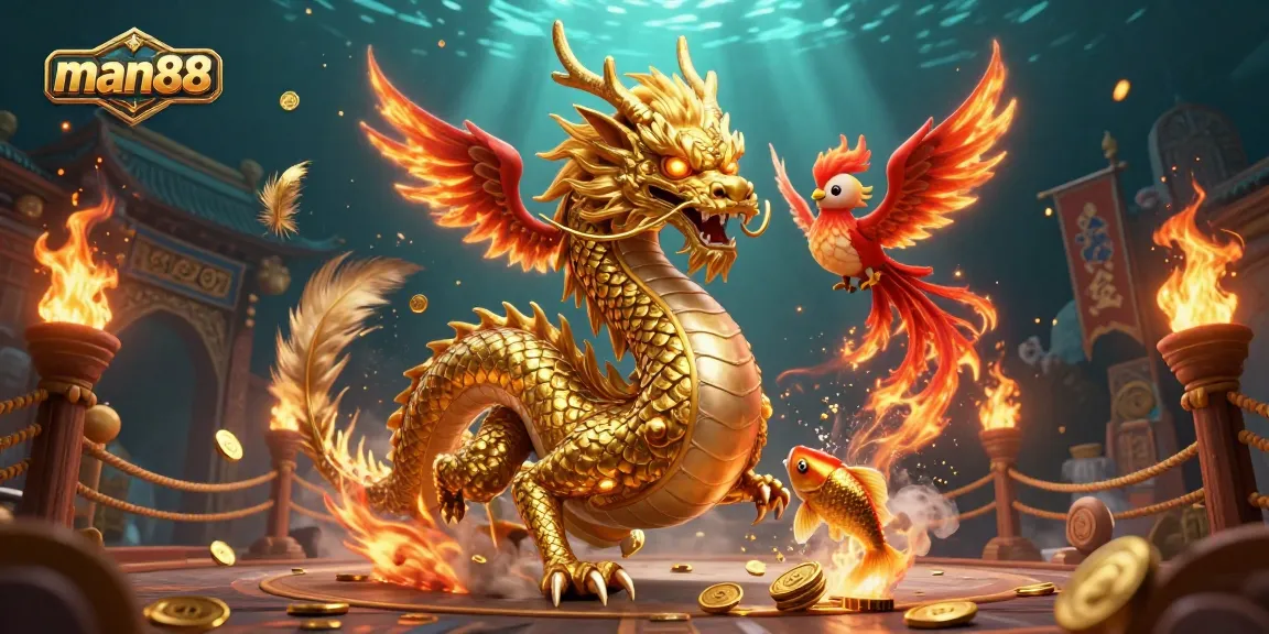 Engage with the man88 casino adventure featuring a dragon, phoenix, and koi fish amidst a vibrant gold coin shower.