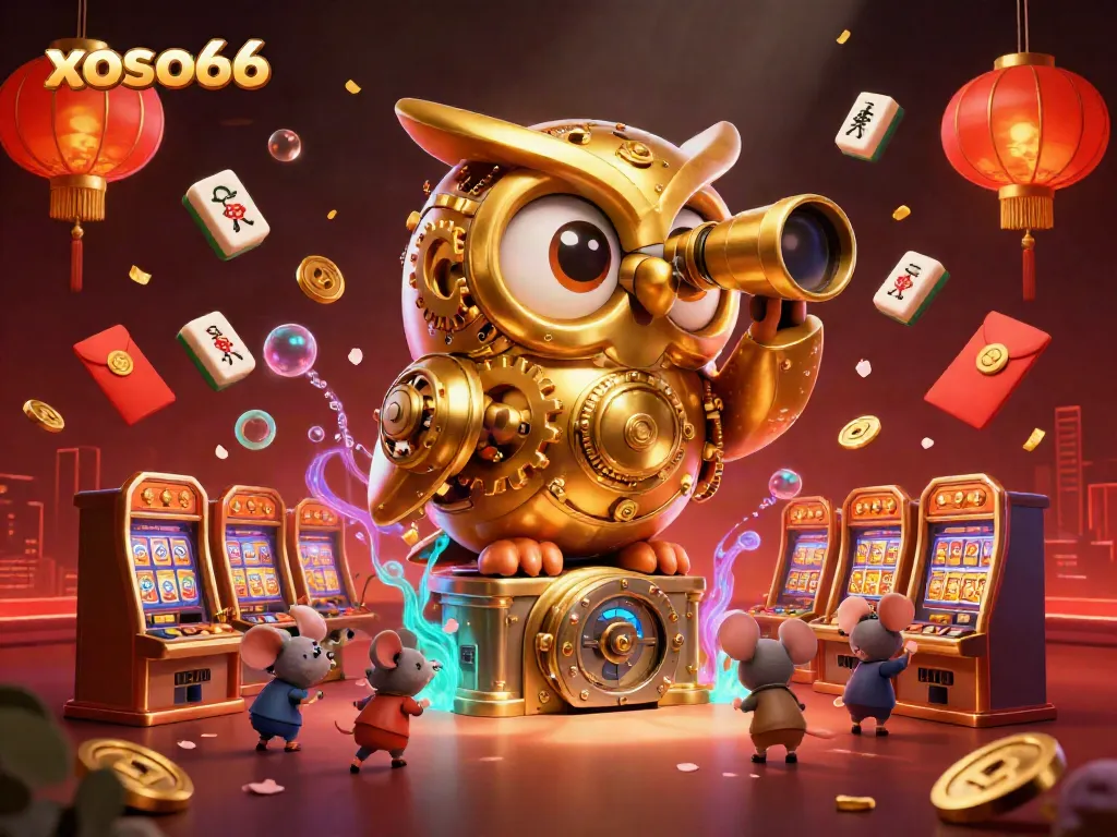 Engage with xoso66's dynamic casino world featuring an owl and mice among lively gaming elements.