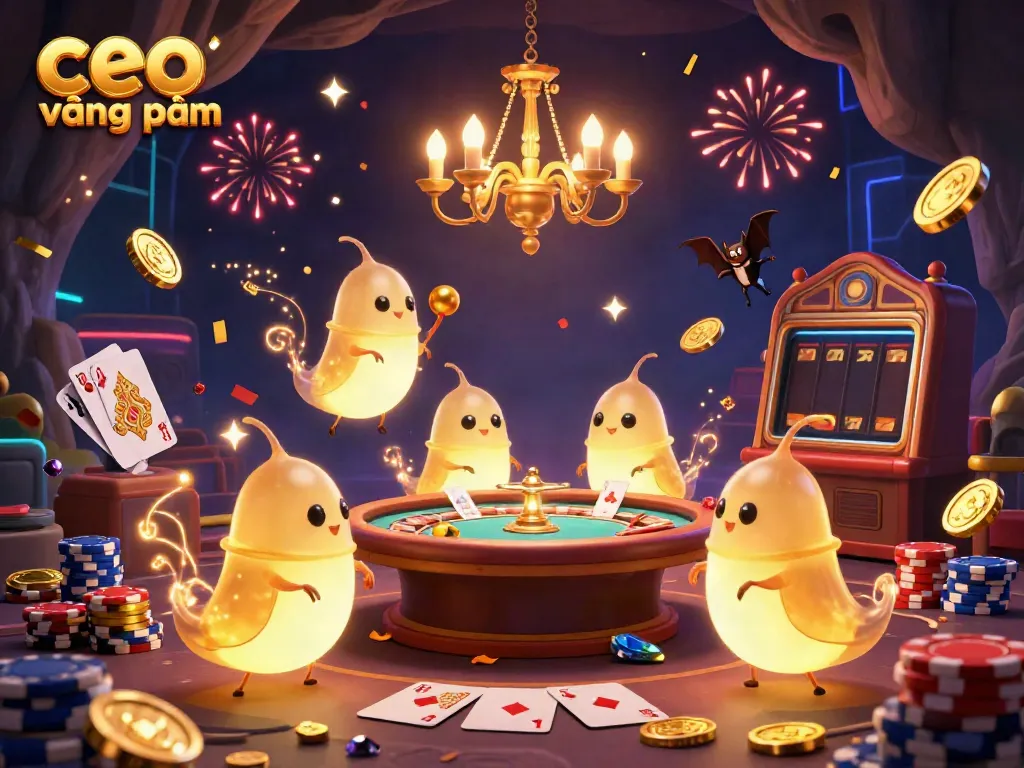 Experience the excitement of gambling with ceo vương phạm in a vibrant casino scene lit by glowworms and enhanced with golden coins.