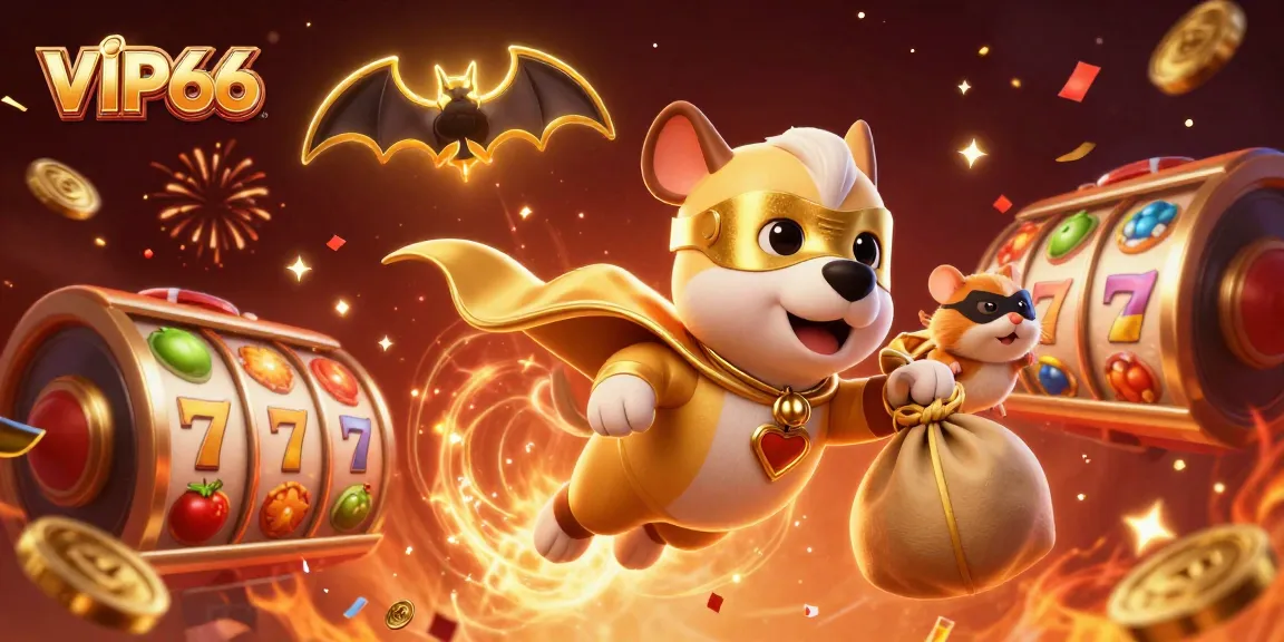 Experience thrilling gaming action with VIP66's 3D superhero dog and slot reels, showcasing excitement!