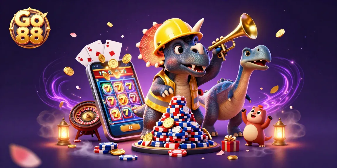 Win big with Go 88 while a triceratops builds poker chips amid cheerful celebrations.