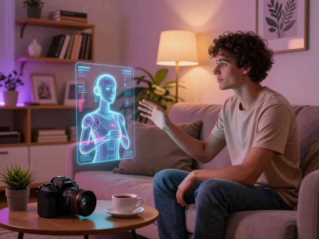 AI sex interaction in modern living room, showcasing emotional connection with holographic companion.