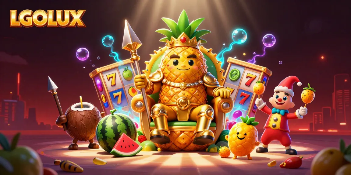 Play slots at LGOLUX as the golden pineapple king reigns over a vibrant casino scene.