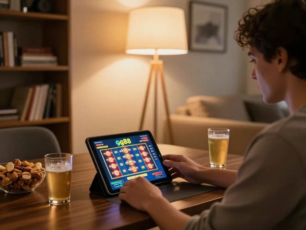 Engaging in gg88 online slots gameplay in a cozy living room setting.