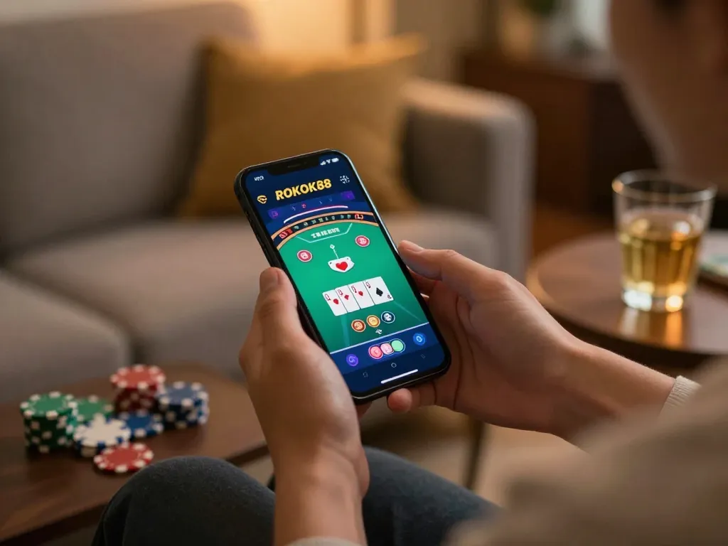 Engaging with ROKOK88 mobile app for online casino gaming, showcasing strategic gameplay and a cozy atmosphere.