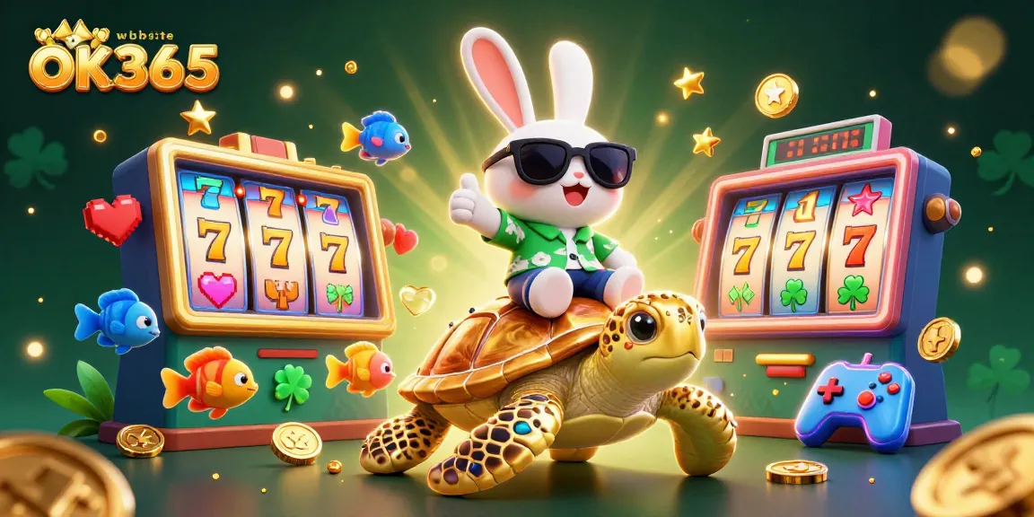 Spin the reels at website OK365 with a lucky rabbit and golden turtle in a vibrant casino scene.