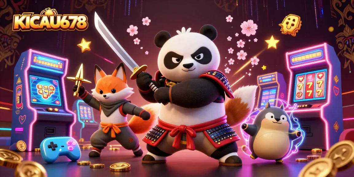 KICAU678 characters in a dynamic casino scene with samurai panda, ninja fox, and spirit tanuki.