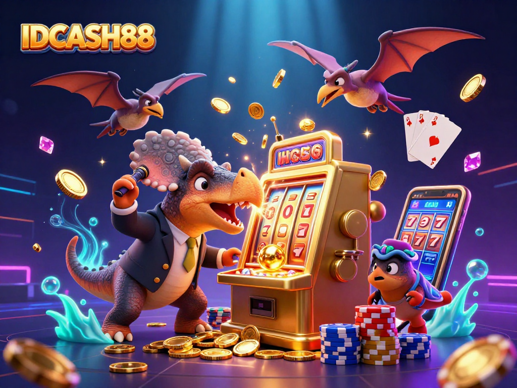 IDCASH88 features a pachycephalosaurus winning a jackpot, with vibrant casino elements flying around.