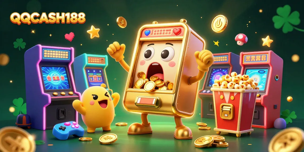 Spin and win with QQCASH188 in a vibrant, colorful casino illustration of winning slot machines.