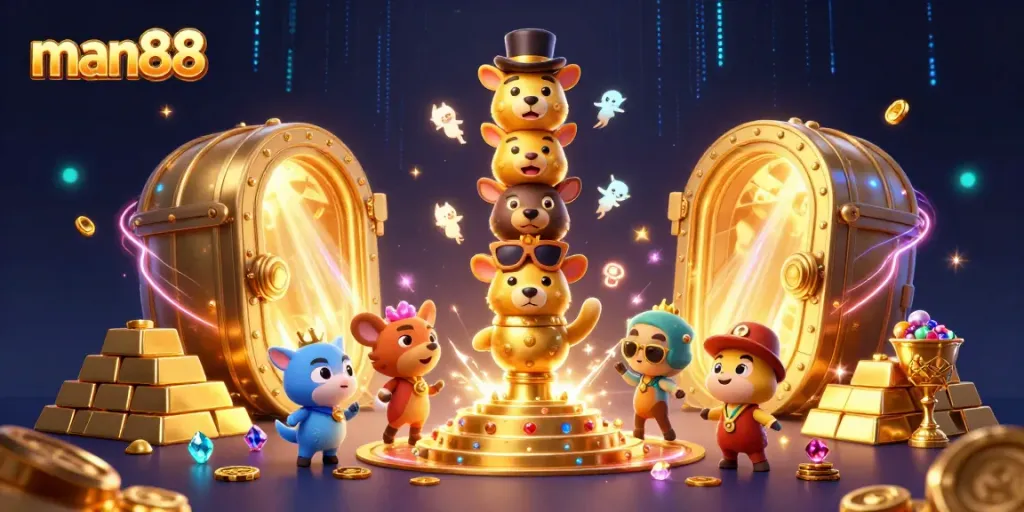 Experience man88's vibrant casino magic with a golden totem and treasure in this 3D illustration.