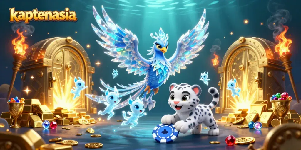Kaptenasia showcases an ultra-detailed 3D illustration with a magical ice phoenix and treasures from online gambling.