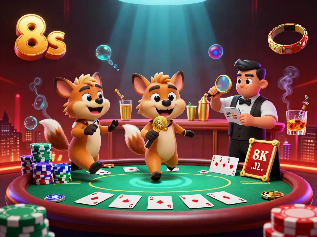 Experience the energetic 8s casino atmosphere with hyenas entertaining and mixing drinks while gamblers engage.