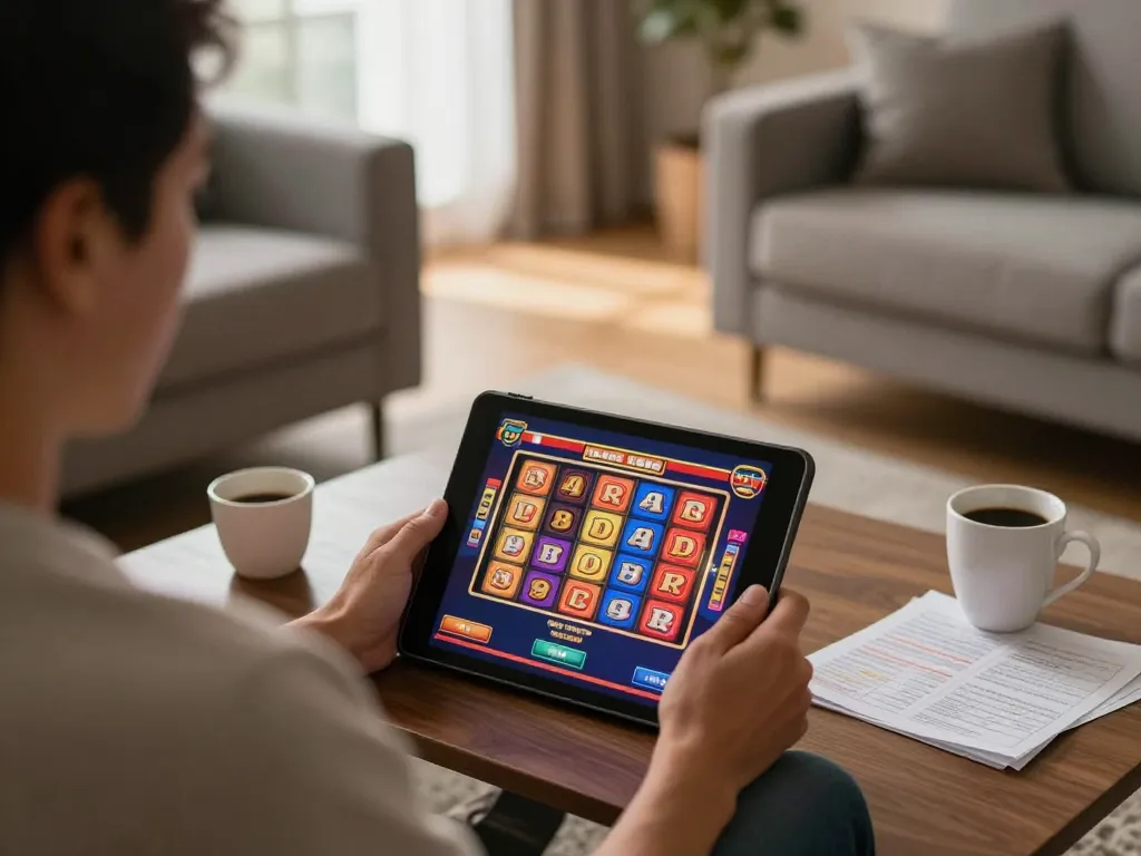 IDCWIN88 Official player exploring exciting slot games on tablet in cozy home