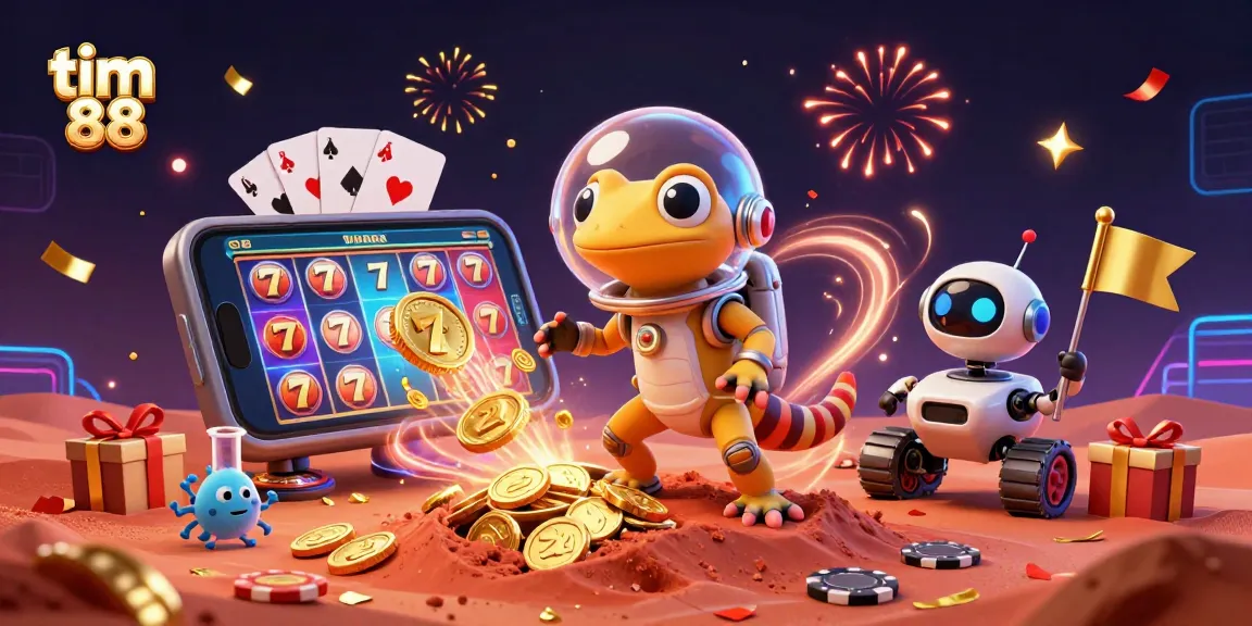 Play exciting games at tim 88 casino with vibrant characters, thrilling slots, and festive elements.
