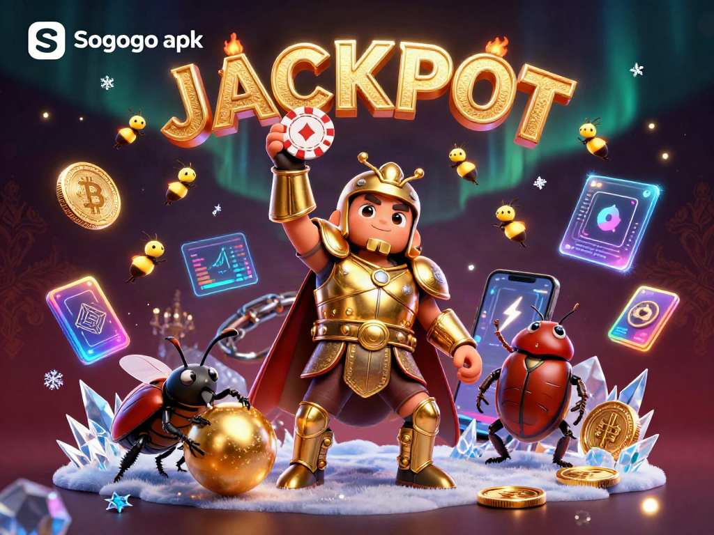 Win big with Sogogo apk in this vibrant 3D casino scene showcasing the jackpot.