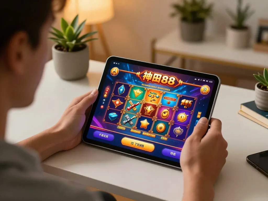 Engaged user playing mantra88 mobile casino game on tablet, cozy home setting.