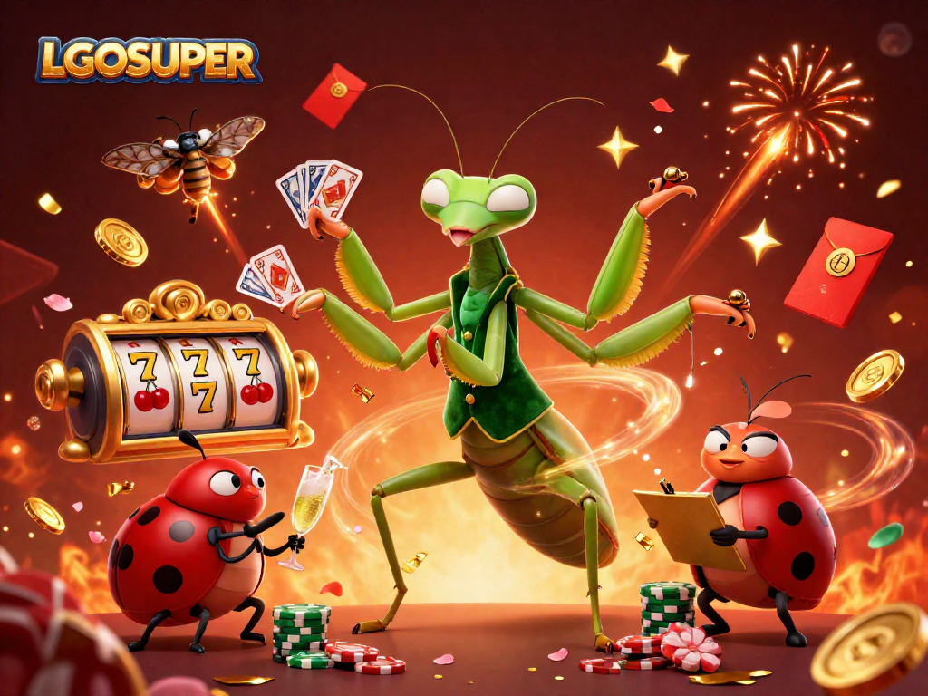 Experience the excitement of LGOSUPER with vibrant 3D illustration of gambling action featuring slot reels and joyous characters.