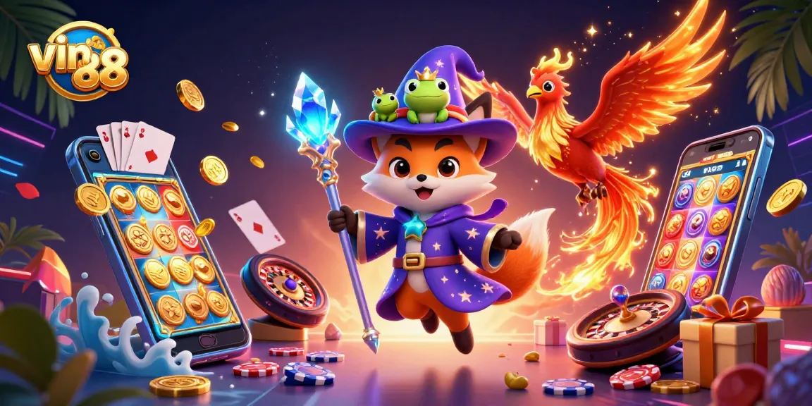 Engage with the vibrant world of vin 88, featuring a wizard fox and phoenix in a dynamic casino scene.