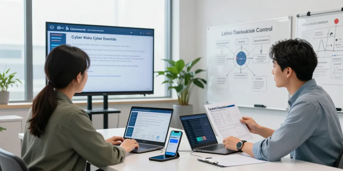 Business team discussing cyber essentials certification in a modern office setting focusing on cybersecurity.