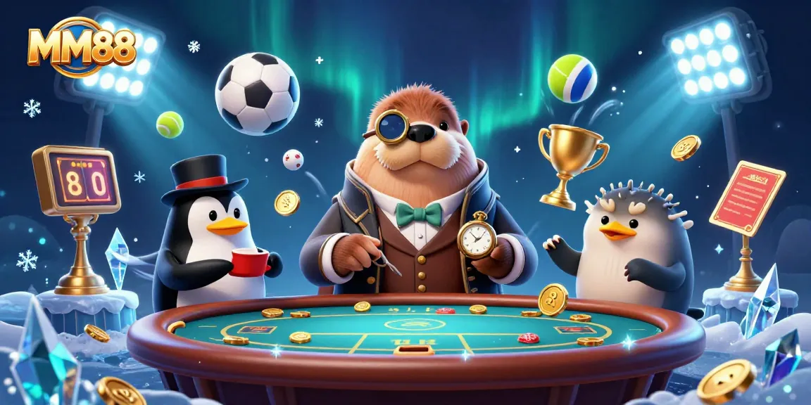 Experience the vibrancy of MM88 with underwater casino action featuring a walrus, penguin dealer, and dynamic sports elements.